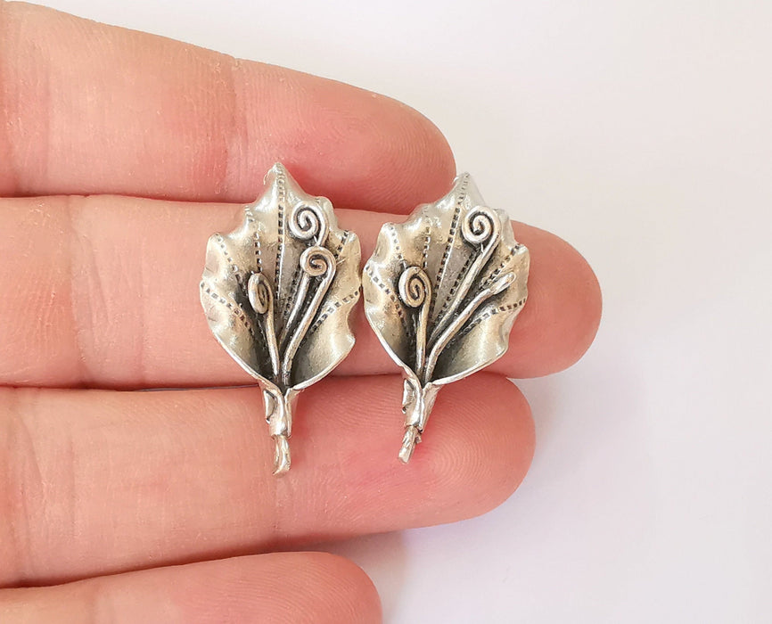 1 Pairs Leaf silver earring base wire Antique silver plated brass findings (34x17mm) G23800