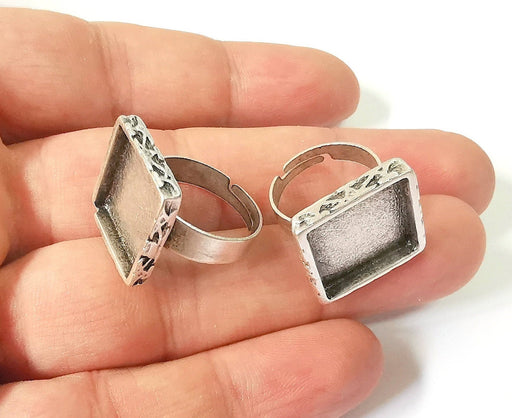 Silver ring setting blank Cabochon base Ring mounting Adjustable ring base bezel (15x15 mm) Antique silver plated  G23400