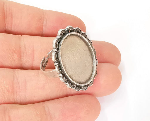 Silver ring setting blank Cabochon base Ring mounting Adjustable ring base bezel (25x18 mm) Antique silver plated  G23406