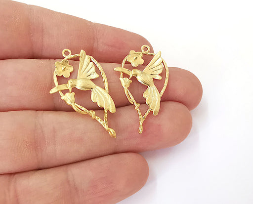 2 Bird flower charms Gold plated brass charms (35x20mm)  G23818