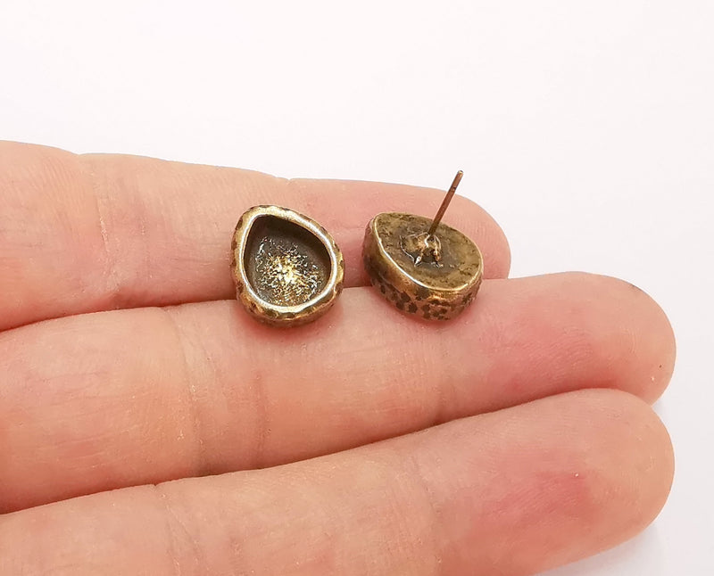 Earring blank backs base setting Hammered resin blank Cabochon base inlay mounting Antique bronze plated (10x8mm) 1pair G23538
