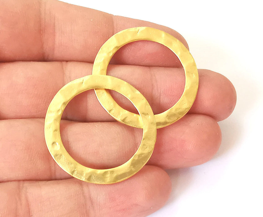 2 Gold hammered circle connector Gold plated circle charm (34mm)  G23886