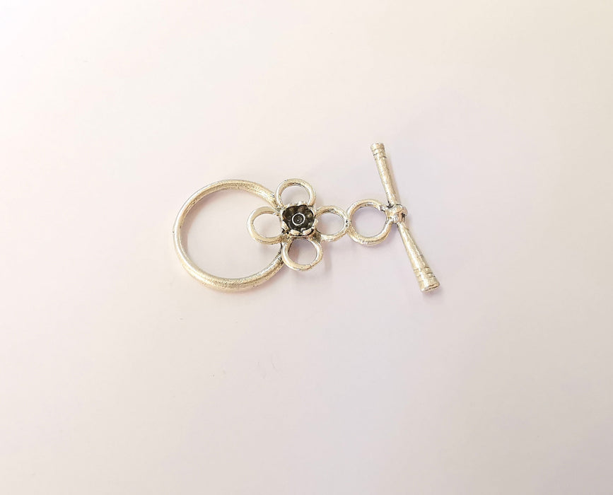 Flower toggle clasps Antique silver plated brass findings 1 Set  (33x22mm - 30x12mm)  G23718