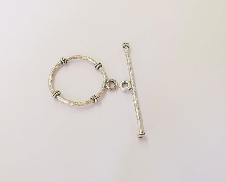 Hammered big toggle clasps Antique silver plated brass findings 1 Set  (40x34mm - 60x9mm)  G23726