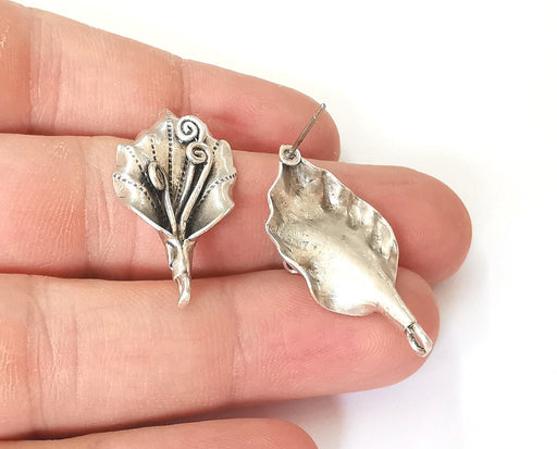 1 Pairs Leaf silver earring base wire Antique silver plated brass findings (34x17mm) G23800