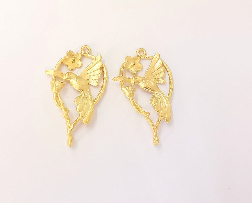 2 Bird flower charms Gold plated brass charms (35x20mm)  G23818