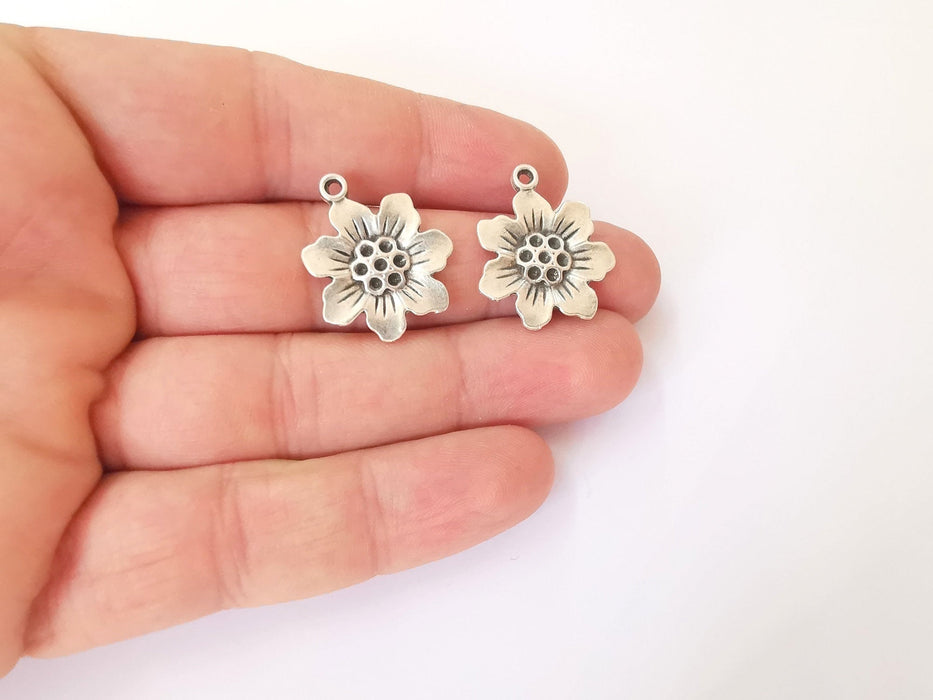 4 Flower charms Antique silver plated charms (25x21mm)  G23823