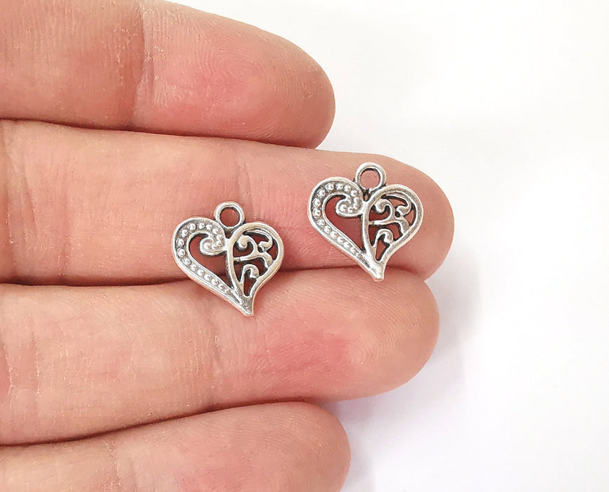 10 Heart (Double Sided) charms Antique silver plated charm (14x14mm) G24074