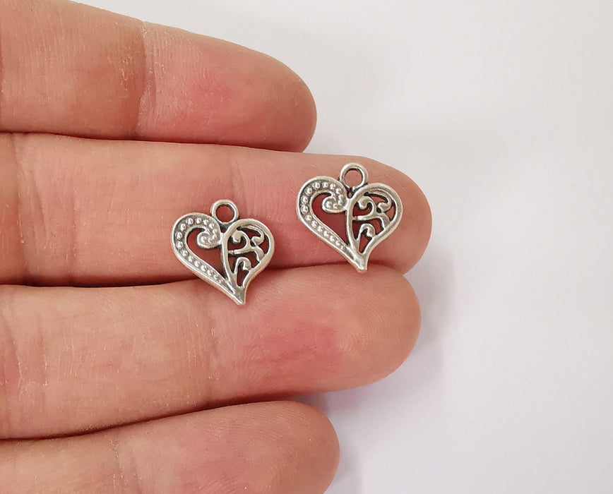 10 Heart (Double Sided) charms Antique silver plated charm (14x14mm) G24074