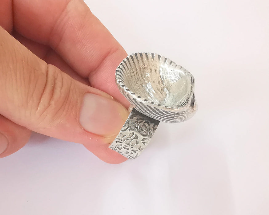 Oyster shell ring blank base setting Resin bezel inlay ring backs mounting Adjustable ring base (35x23mm blank) Antique silver plated G23849