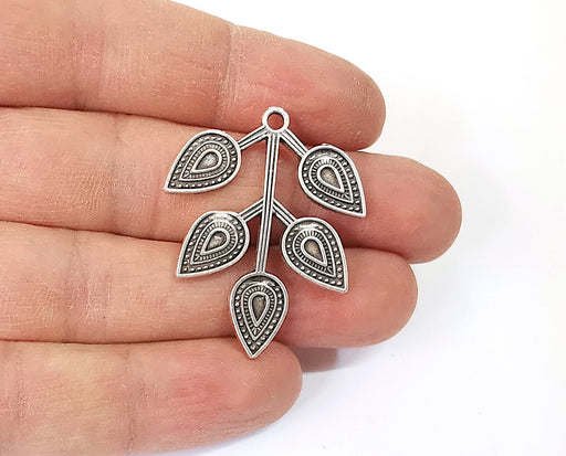 2 Leaf branch charms Antique silver plated charms (38x30mm)  G24104