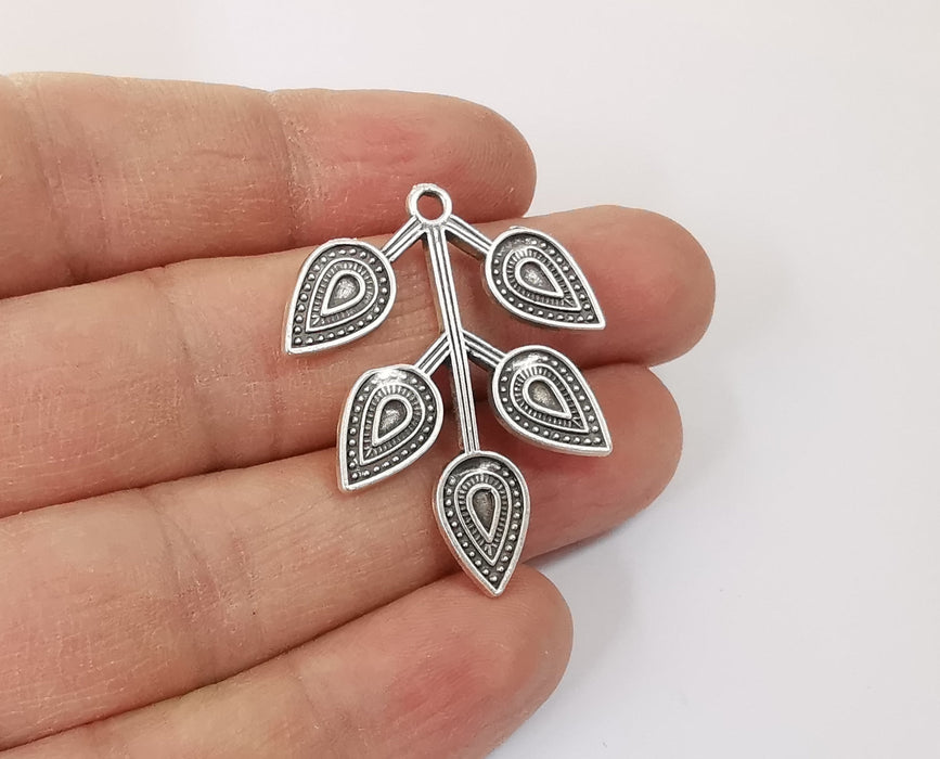 2 Leaf branch charms Antique silver plated charms (38x30mm)  G24104