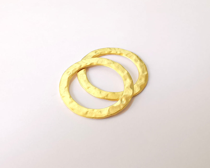 2 Gold hammered circle connector Gold plated circle charm (34mm)  G23886