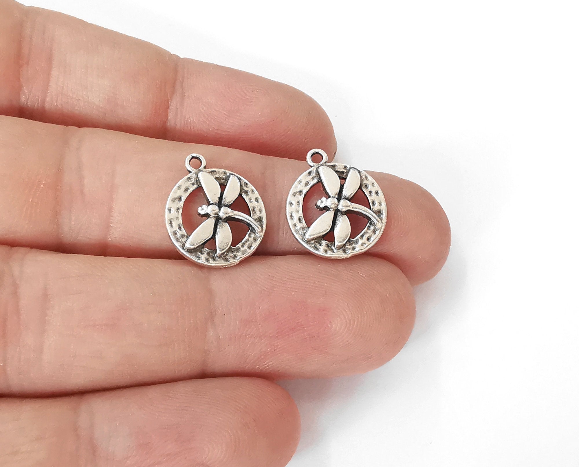 10 Hammered dragonfly charms Antique silver plated charm (17x14mm