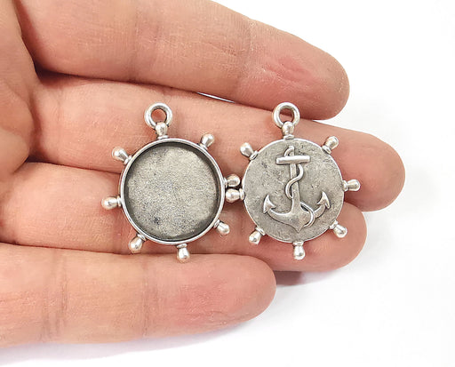 2 Anchor ship wheel frame pendant blank bezel Antique silver plated pendant (33x29mm) (20mm Blank Size)  G24131