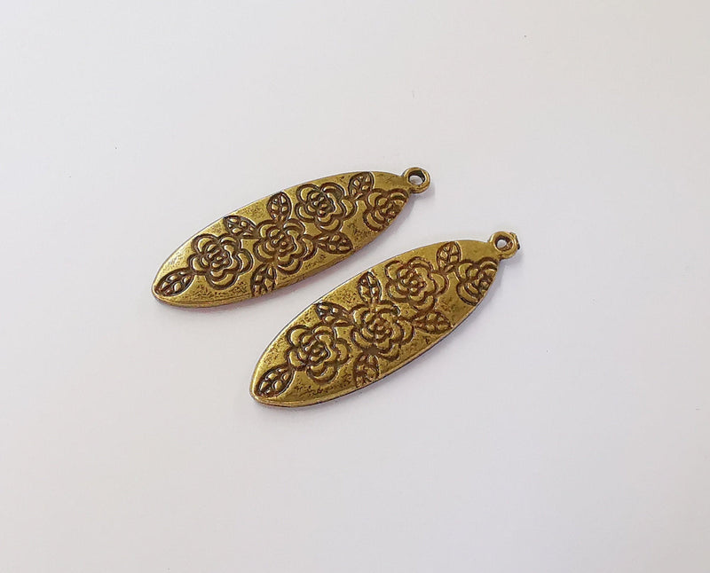 2 Flower charms (Double Sided) Antique bronze plated charms (40x13mm) G23930