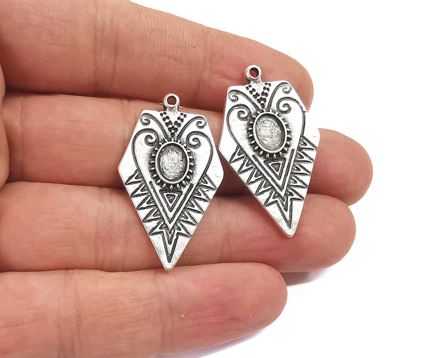 2 Silver charms Blank bezel Resin bezel Mosaic mountings Antique silver plated charms (37x21mm) ( 8x6mm Bezel Inner Size)  G24037