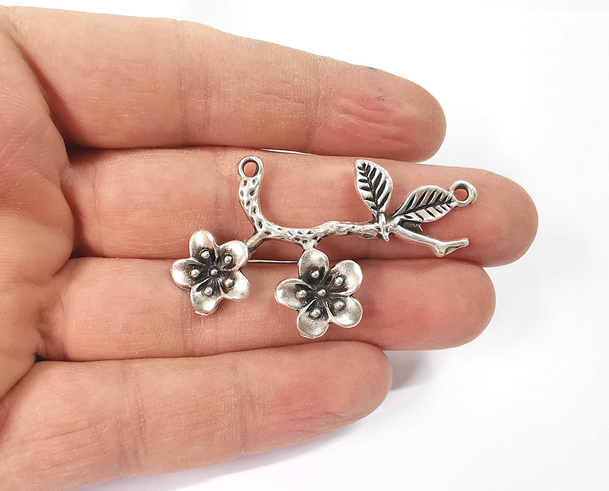 2 Flower branch leaf charms connector Antique silver plated charms (53x32mm)  G24116