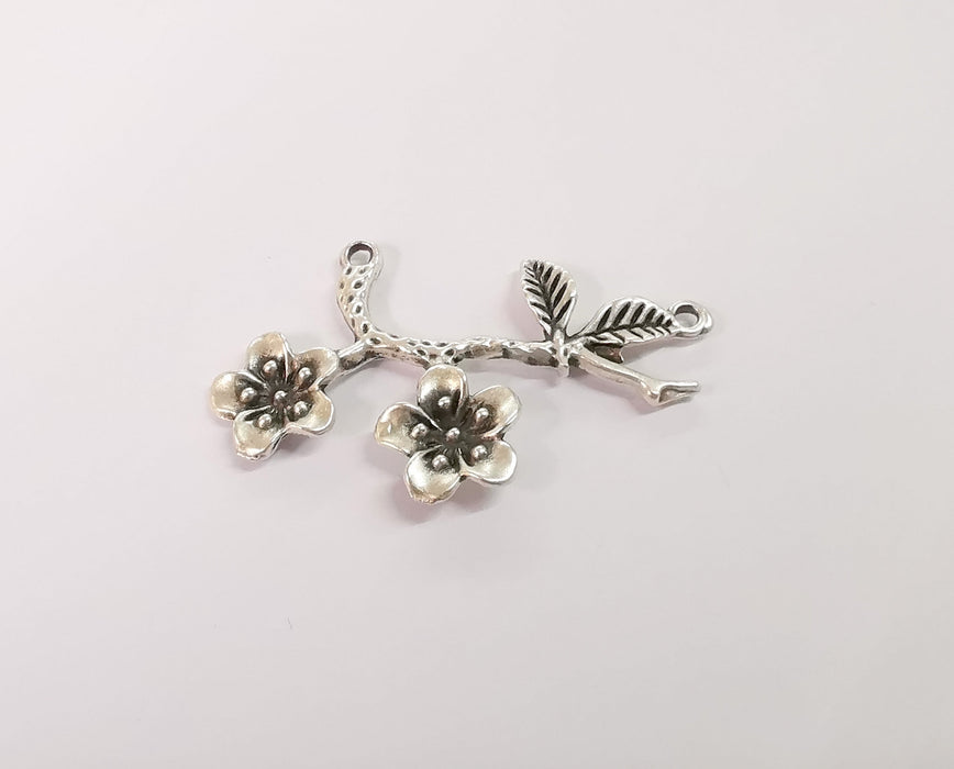 2 Flower branch leaf charms connector Antique silver plated charms (53x32mm)  G24116