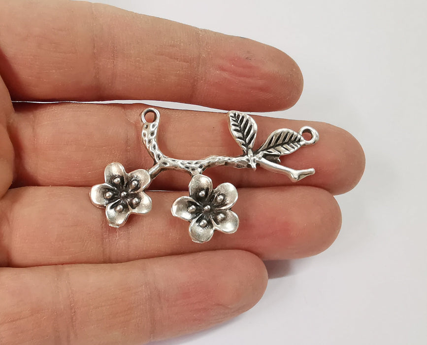 2 Flower branch leaf charms connector Antique silver plated charms (53x32mm)  G24116