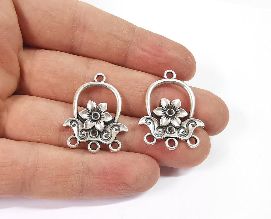 2 Flower charms connector Antique silver plated charms (30x23mm)  G24123