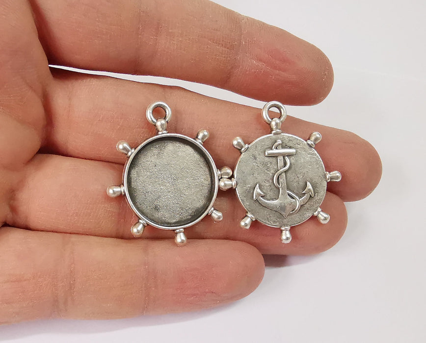 2 Anchor ship wheel frame pendant blank bezel Antique silver plated pendant (33x29mm) (20mm Blank Size)  G24131