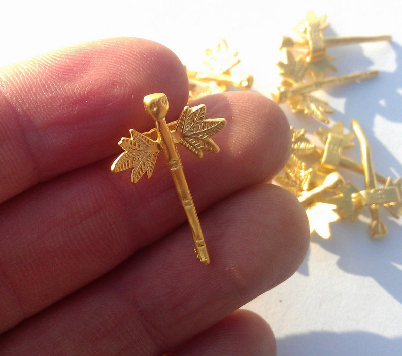 2 Gold Dragonfly Charms , Gold Plated Brass G13