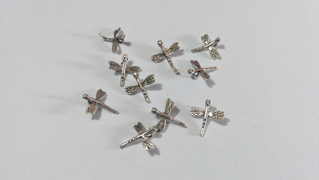 10 Pcs Antique Silver Plated Brass Dragonfly Charms  G9236