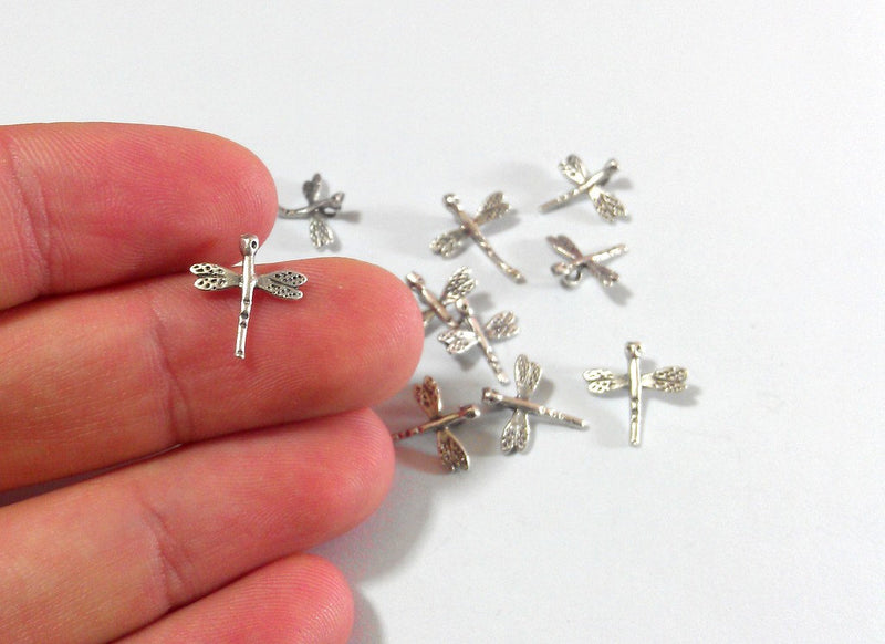 10 Pcs Antique Silver Plated Brass Dragonfly Charms  G9236