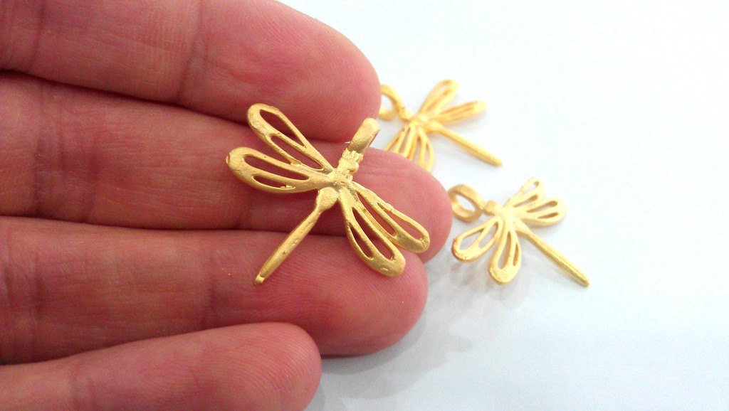 2 Gold  Charms Gold Plated Brass Dragonfly Charms  G66