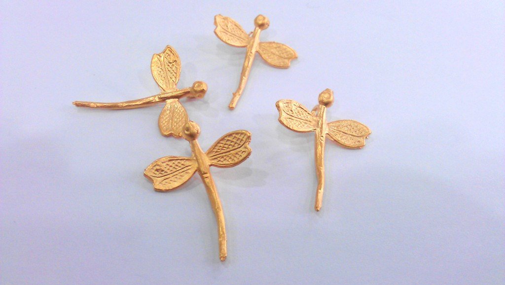 4 Gold Dragonfly Charms,, Gold Plated Brass  G67