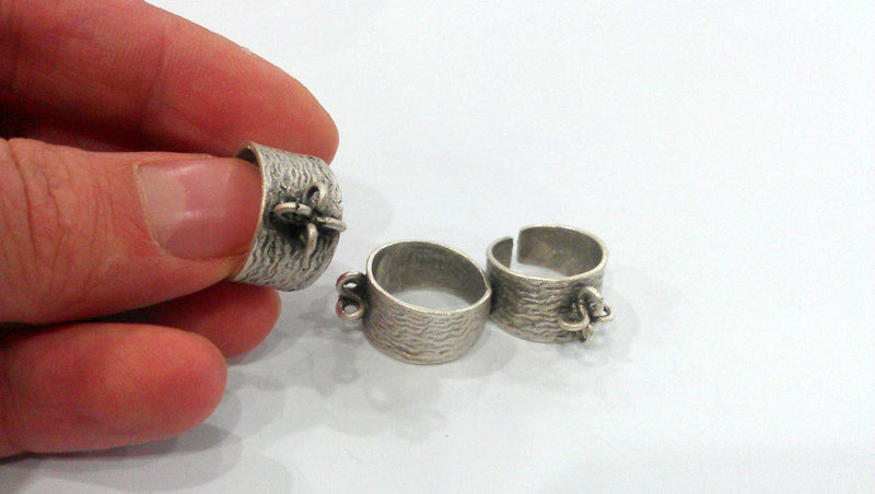 5 Pcs  Antique Silver Plated Brass Adjustable  Ring with a Loop Setting ,Findings G9192