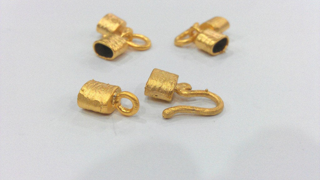 5 sets Hook Clasp, Fold Over Crimp Heads  Findings  ,  Gold Plated Brass G9542