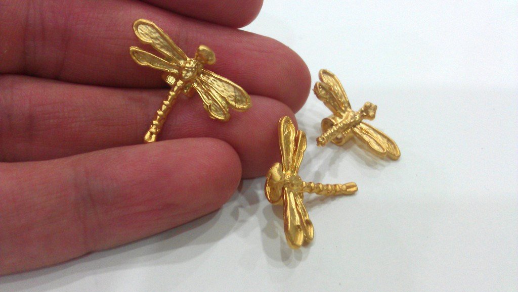 10 Pcs Dragonfly Charms, Gold Plated Brass G9455