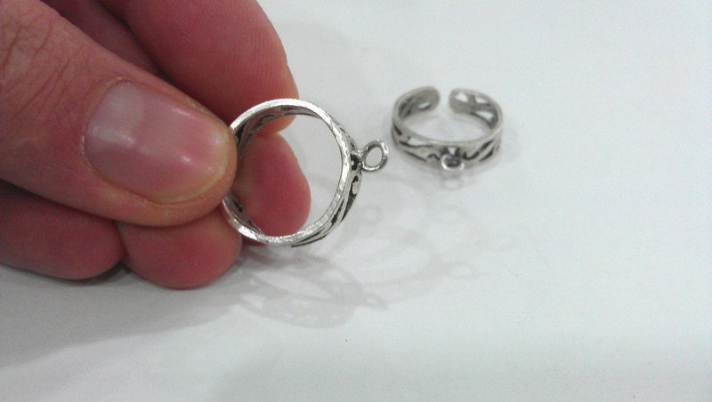 3 Antique Silver Plated Brass Adjustable Ring Base Blank with a Loop Setting ,Findings G11909