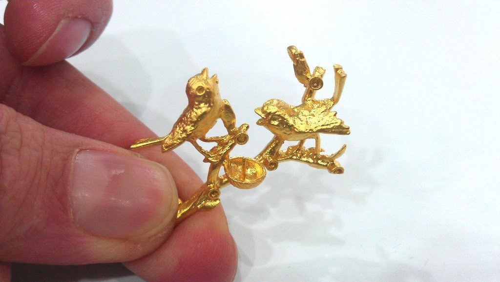 2 Bird Nest Charms , Gold Plated Brass G9857