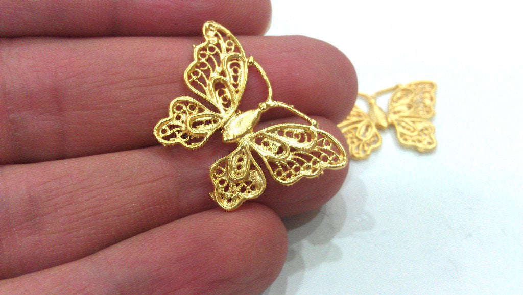 2 Gold Butterfly Charms , Gold Plated Brass  G13677