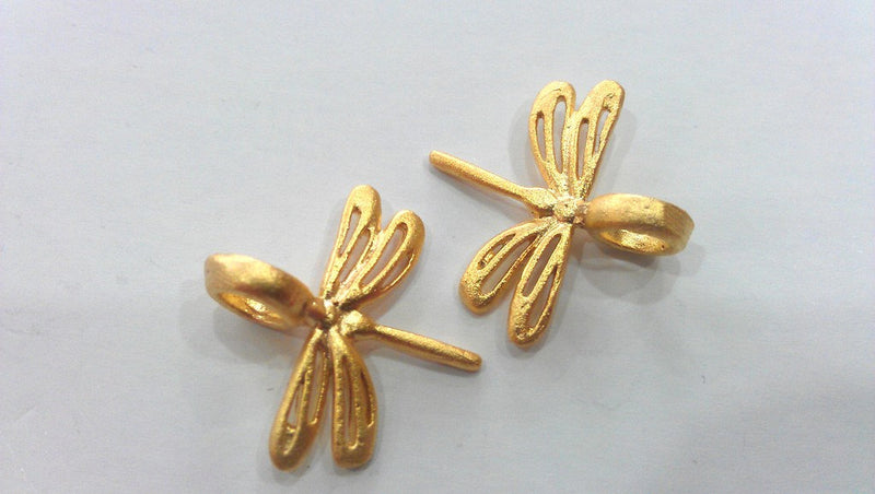 4 Gold Charm Dragonfly Charms , Gold Plated Brass  G9454