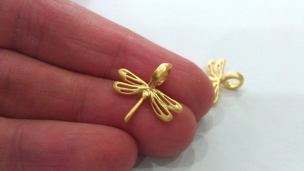 5 Pcs Dragonfly Charms , Gold Plated Brass G9454