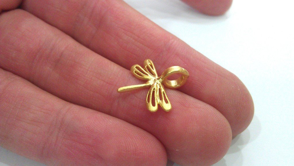 4 Gold Charm Dragonfly Charms , Gold Plated Brass  G9454