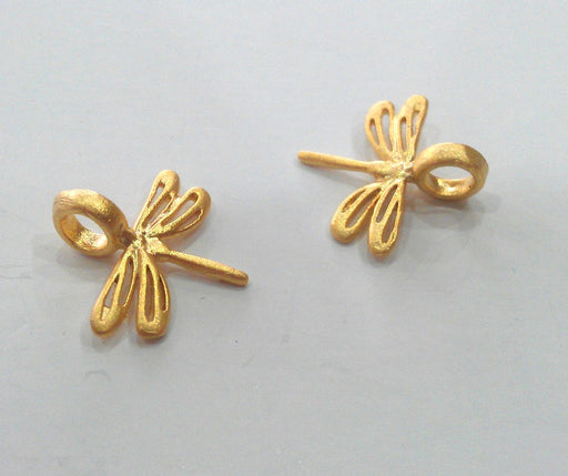 4 Gold Charm Dragonfly Charms , Gold Plated Brass  G9454