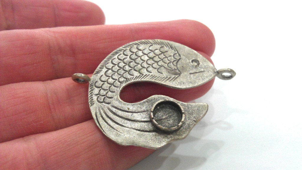 Silver Fish Pendant Blank Antique Silver Plated Brass  G369