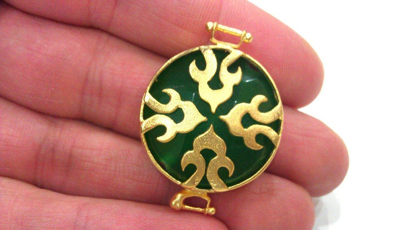 Gold Plated Brass Bezel Green Pendants Connectors ,28 mm   G392