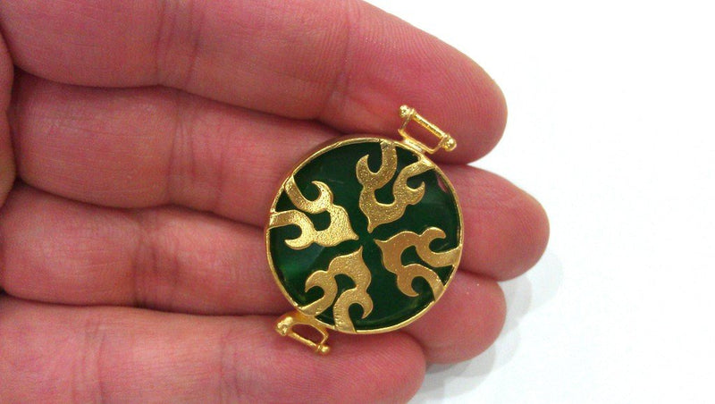 Gold Plated Brass Bezel Green Pendants Connectors ,28 mm   G392