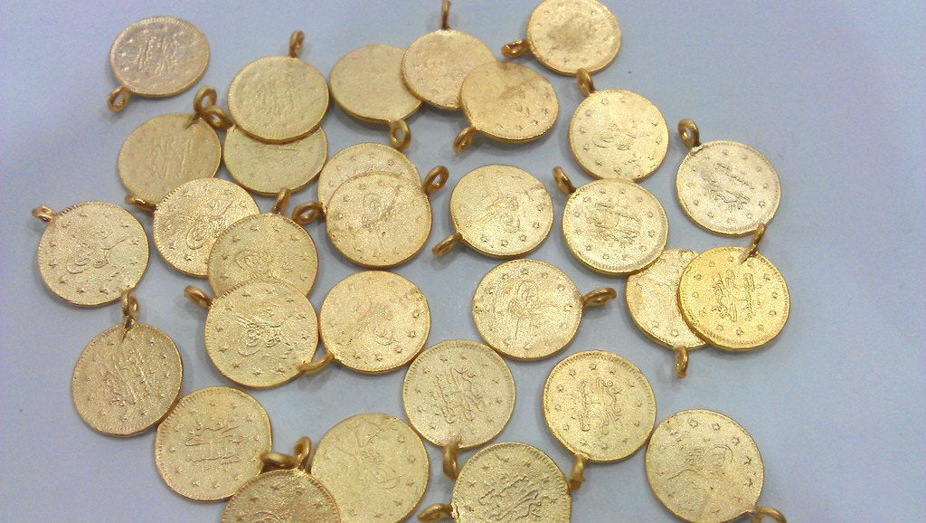 50 Pcs  (14mm)  Ottoman Signature Charms  , Gold Plated Brass  G12938