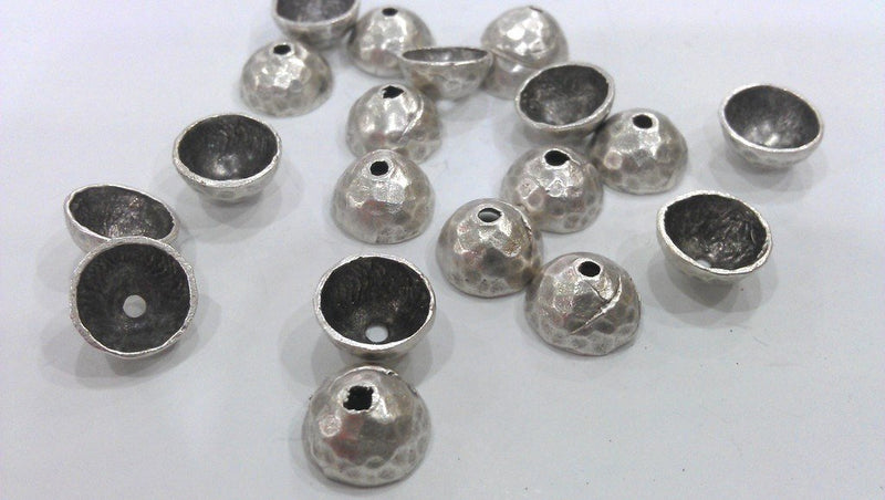 10 Silver Bead Cap Findings Antique Silver Plated Brass  G12152