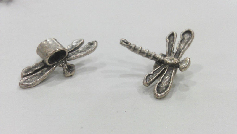 2 Dragonfly Charms , Antique Silver Plated Brass G444