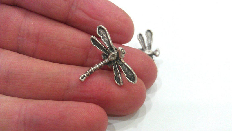 2 Dragonfly Charms , Antique Silver Plated Brass G444