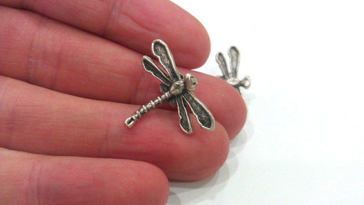 2 Dragonfly Charms , Antique Silver Plated Brass G444