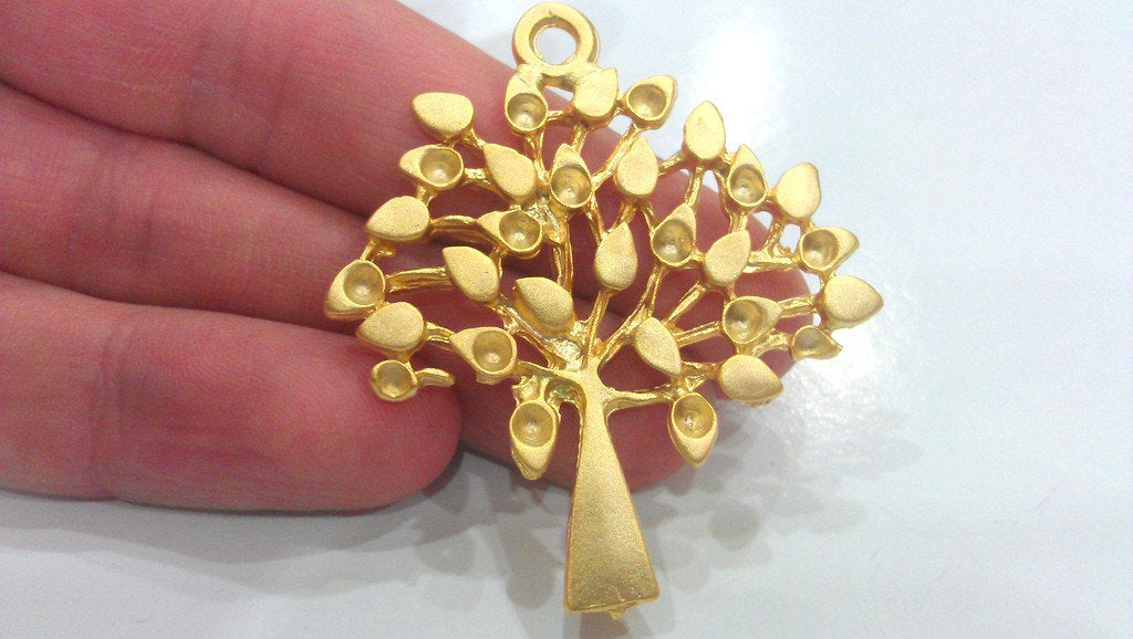 2 Gold Pendant Tree Pendant, Gold Plated Metal  (50x42 mm)   G9568